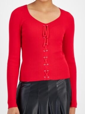 Bar III Women's Vibrant RED Lace-Up Sweater Top